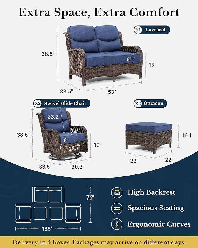 HILLGA Luxury High Back Patio Furniture Set with 6-Inch Thick Cushion, 5-Piece Outdoor Conversation Set with Loveseat, Swivel Rocker Chairs & Ottomans, Ideal for Porch Pool Deck Yard (Blue)