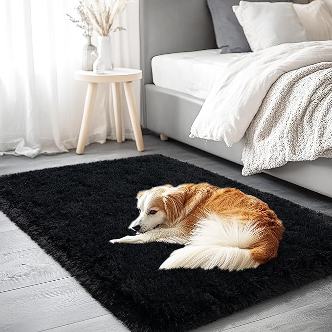 Black Area Rug for Bedroom, 2x3 Small Rugs for Living Room Nursery Kids Room Dorm Home Decor Aesthetic, Fluffy Shaggy Rug with 4 Anti-Slip Carpet Tapes