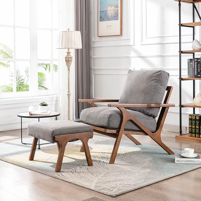 Wahson Set of 2 Mid Century Arm Chairs and Ottomans, Upholstered Accent Armchair with Wood Frame and Canvas Cushions, Leisure Slipper Chair for Living Room/Bedroom, Grey