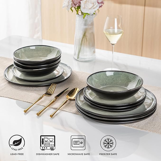 AmorArc Ceramic Dinnerware Sets,Handmade Reactive Glaze Stoneware Plates and Bowls Set,Highly Chip and Crack Resistant | Dishwasher & Microwave Safe Dishes Set,Service for 4 (12pc)