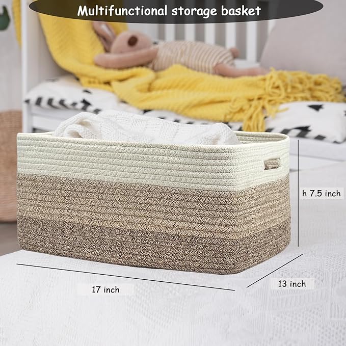 COMFY-HOMI 2 pcs Large Storage Baskets for Shelves, Laundry Basket, Woven Rope Basket, Closet Organizer Bins for Clothes Blanket Towels, Baby Nursery, Gift Toy Baskets, 17” x 13” x 7.5”-White/3 Brown