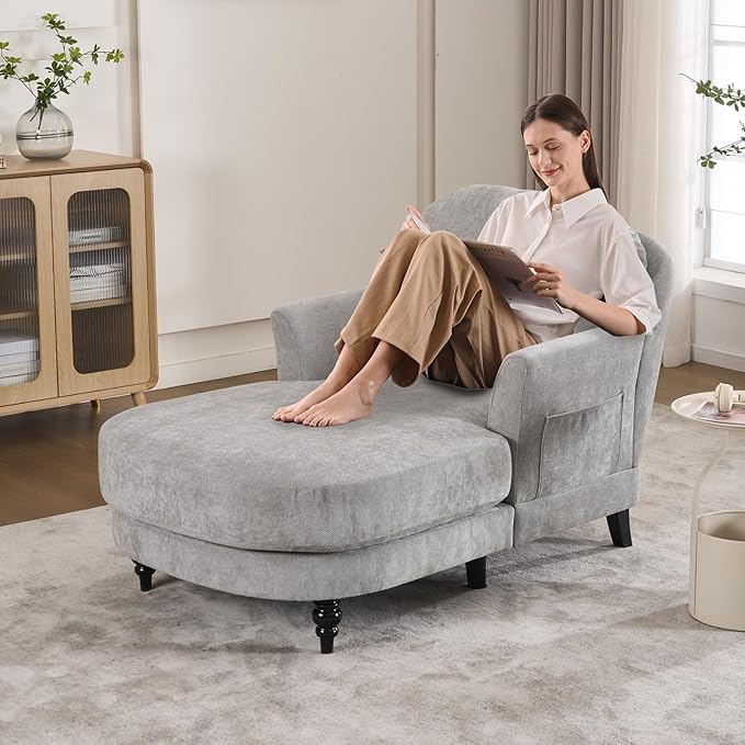 Chaise Lounge Chair Indoor, 59.8" Oversized Couch Reading Chairs，Chenille Comfortable Deep Sleeping Single Sofa, Upholstered Modern Couch Sofa Bed for Living Room, Bedroom & Apartment (Grey)
