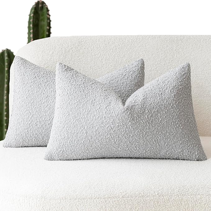 Foindtower Pack of 2 Textured Boucle Throw Pillow Covers Accent Solid Decorative Lumbar Pillow Cases Cozy Woven Couch Cushion Case for Sofa Bedroom Living Room Home Decor, 12 x 20 Inch,Light Grey