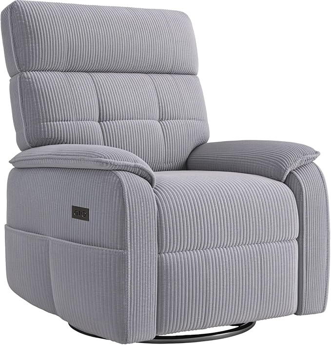 Overized Power Swivel Rocker Recliner Chair,Comfy Corduroy Sofa Reclining for Adults,Adjustable Rocker Reclining Sofa Lounge with USB&Type-C Ports,Side Pocket,for Living Room,Grey