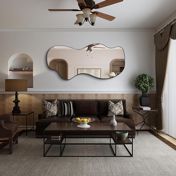 POZINO Large Irregular Mirror, Asymmetrical Full Length Mirror, 55"x25.5" Wavy Shaped Mirrors, Modern Frameless Decorative Mirrors for Dressing Living Room Bathroom Bedroom Hallway Entryway