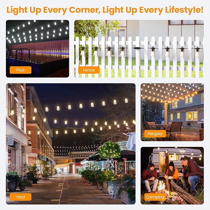 Kawaya Outdoor String Lights for Patio - ST38 Outside IP64 Waterproof Hanging Light with 2700k~6000k Dimmable - 50FT Led Edison Lights for Cafe Bistro Yard Gazebo Porch