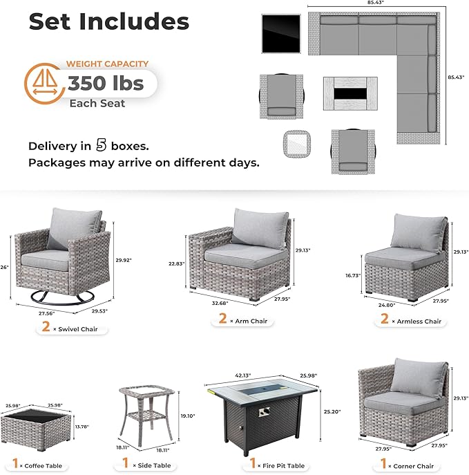ovios 10 Pieces Patio Furniture Set, Outdoor Wicker Sectional Sofa with 42" Fire Pit Table Swivel Chairs, Modern Modular Deep Seat Rattan Couch Conversation Sets, Dark Grey