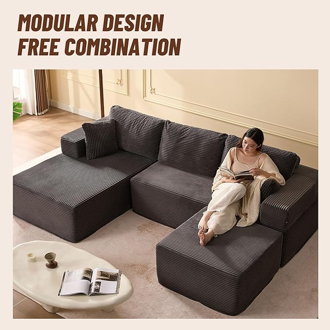 107" Boneless Couch with Deep Seat, Modular Sectional Sofa, Cloud Sectional Couch for Living Room, No Assembly Required, Corduroy, U-Shape 3 Seater Left, Gray