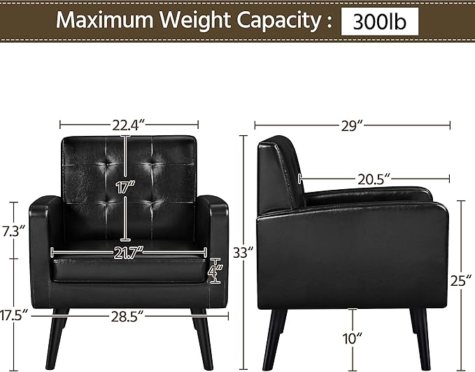 Yaheetech Mid-Century Accent Chairs, PU Leather Modern Upholstered Living Room Chair, Cozy Armchair Button Tufted Back and Wood Legs for Bedroom/Office/Cafe Black 2PCS