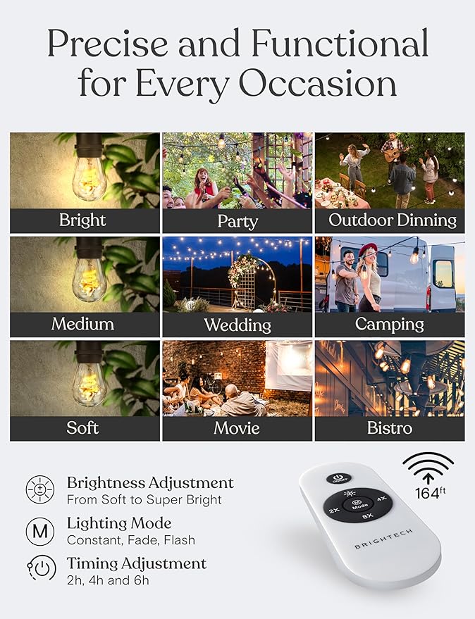 Brightech Ambience Pro Super Bright 48 Ft, 15 Bulbs Solar Power Remote Control Outdoor String Lights, Edison Spiral Shatterproof Bulbs, Commercial Grade LED, Waterproof Patio Lights, 4W Soft White