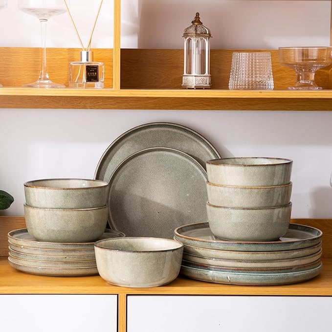 AmorArc Stoneware Dinnerware Sets for 4,Round Reactive Glaze Ceramics Plates and Bowls Set,Highly Scratch Resistant Dishware | Dishwasher & Microwave Safe Dishes Set,Service for 4 (12pc)