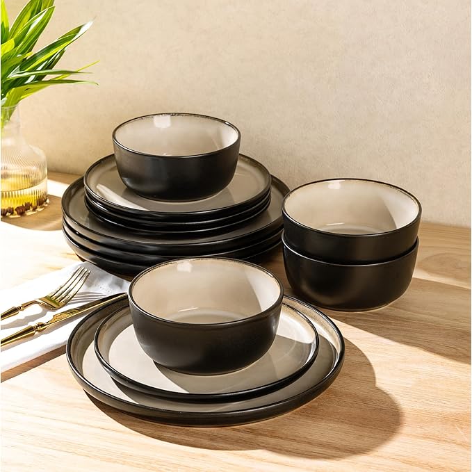 AmorArc Stoneware Dinnerware Sets,Round Reactive Glaze Plates and Bowls Set,Highly Chip and Crack Resistant | Dishwasher & Microwave Safe Dishes Set,Service for 4 (12pc)