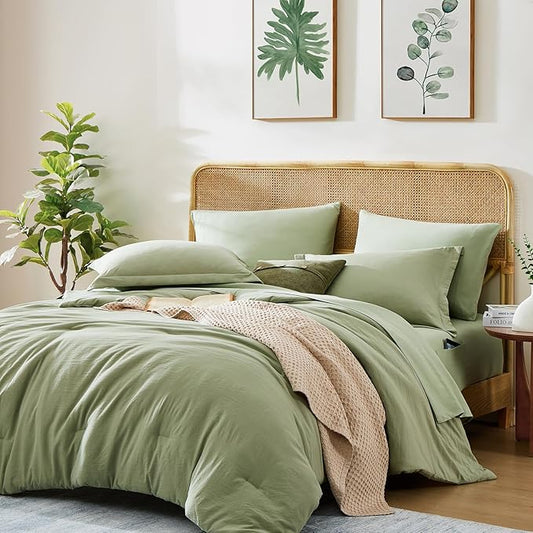 WRENSONGE Queen Comforter Set - 7 Pieces Sage Green Soft Bed in a Bag Queen with Fitted Sheet, Flat Sheet, 2 Pillow Shams, and 2 Pillowcases- Warm Bedding Sets Queen for All Season