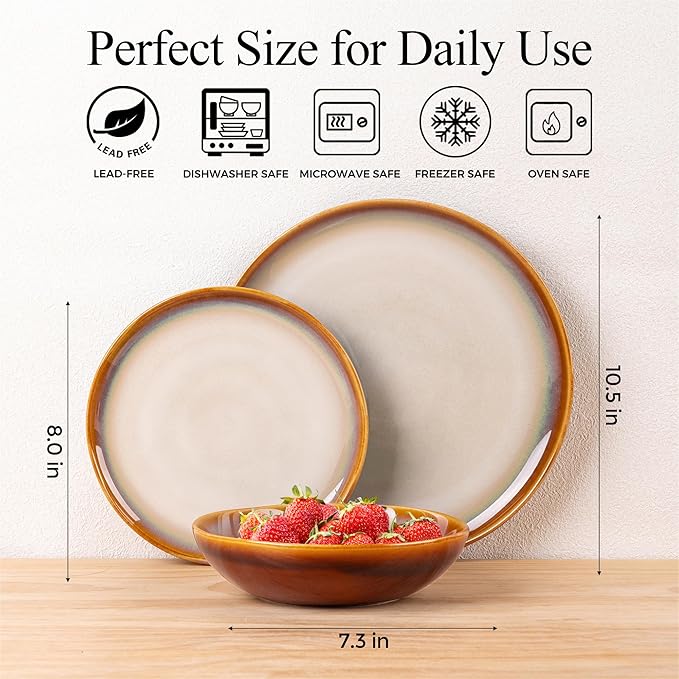 LeRatio Ceramic Dinnerware Sets for 4,Wavy Reactive Glaze Stoneware Plates and Bowls Sets,Highly Scratch Resistant | Dishwasher & Microwave,Oven Safe Dishes Set(12PCS)
