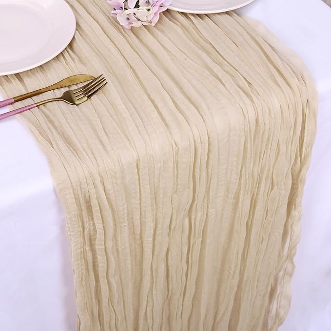 8 Pack Cheesecloth Table Runner 35x120 Inches Beige Boho Gauze Rustic Cheese Cloth Runners 10ft Long Romantic Sheer Table Runner for Wedding Bridal Baby Shower Party Christmas Table Decor