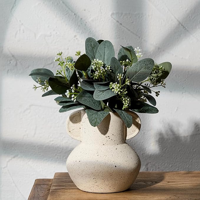 Antique Ceramic Vase with 2 Handles, 6.1 Inch Farmhouse Rustic Vase, Small Decorative Pottery Flower Vases for Home Decor, Wedding, Living Room, Table, Shelf Decor, Speckled White