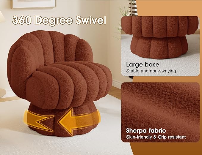 Mid Century Modern 360 Degree Barrel Swivel Accent Vanity Chair,Fluffy Sherpa Fabric Lounge Wide Upholstered Pumpkin Reading Chair, Round Cloud Armchair for Living Room,Bedroom,Vanity(Burnt Orange)