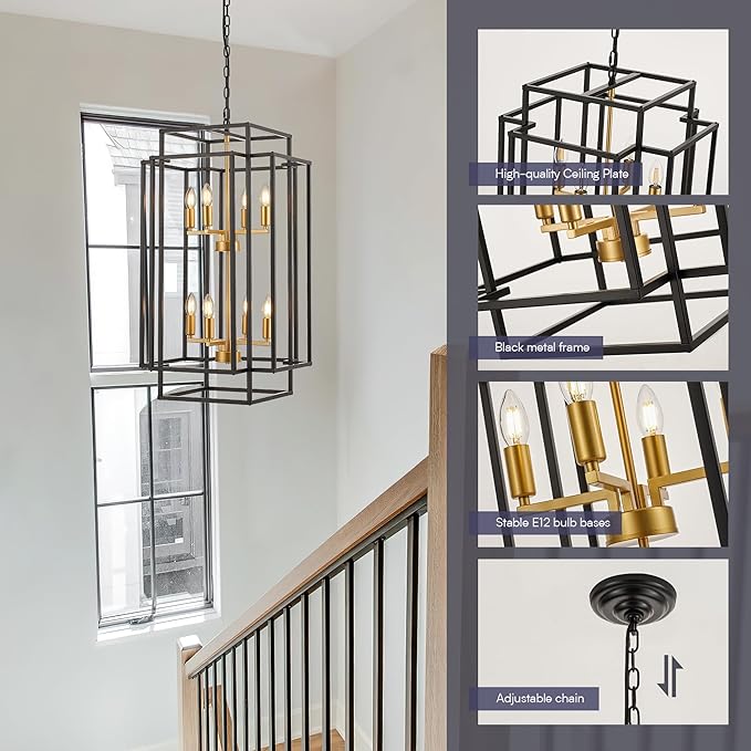 8-Light Lantern Tiered Pendant Light Fixtures, Black Metal Farmhouse Chandelier Hall Foyer Hanging Chandelier for Kitchen Island Dining Room Living Room Foyer Entryway, Black+Gold