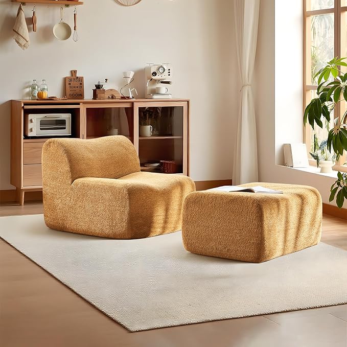 Lazy Sofa Chair, Modern Comfy Raindrop Velvet Fabric Deep Seat Armless Lounge Chair Movable Ottoman Set, 1-Seater Modular Sectional Sleeper Couch for Living Room, Bedroom, Office, Salon,Yellow