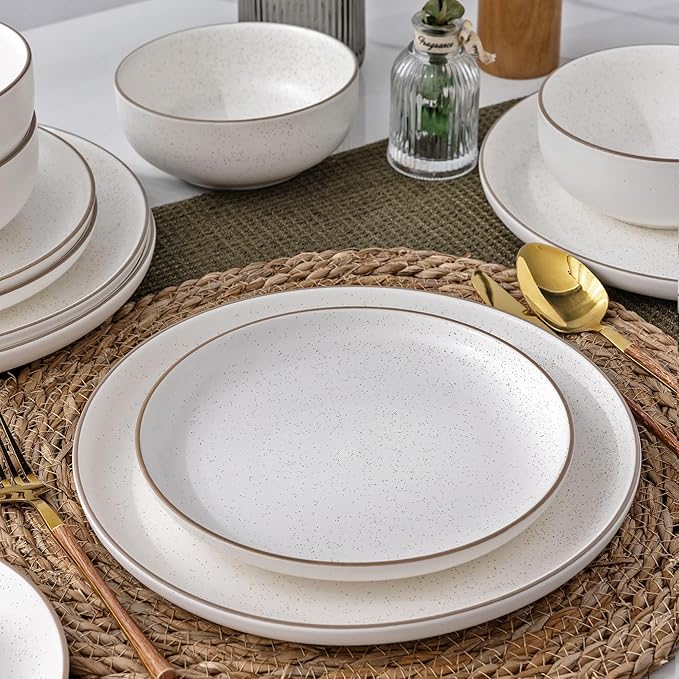 GBHOME Dinnerware Set for 4, GBHOME 12 Pieces Handmade Speckled Glaze Plates and Bowls Sets, Modern Style Scratch Resistant Stoneware Dishes Set, Dishwasher & Microwave Safe