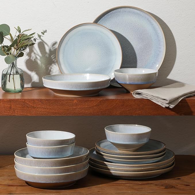 Gibson Elite Hailstone 16 Piece Stoneware Reactive Glaze (Service for 4) Ceramic Plates and Bowls Dinnerware Set - Moon Blue