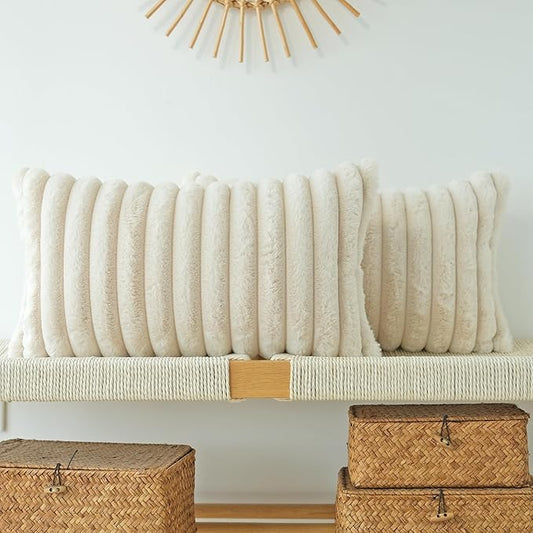 JOJUSIS Pack of 2 Faux Fur Plush Decorative Throw Pillow Covers Couch Cushion Case Soft Pillowcases (Beige, 12 x 20-Inch)