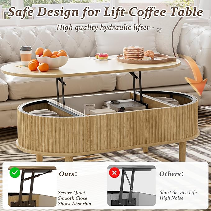 EAG Fluted Lift Top Coffee Table with Hidden Compartment, 39 Inch Modern Oval Coffee Table with 3 Storage, Fully Wooden Assembled Center Table for Living Room, Office, Natural
