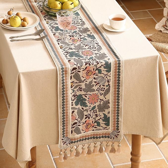 Designer Bohemian Linen Table Runner 87 Inches Long,Elegant Lotus Flowers Pattern Decor Table Runners for Dining Tables,Thanksgiving,Kitchen Tables,Christmas,12"*87"-Hazel A