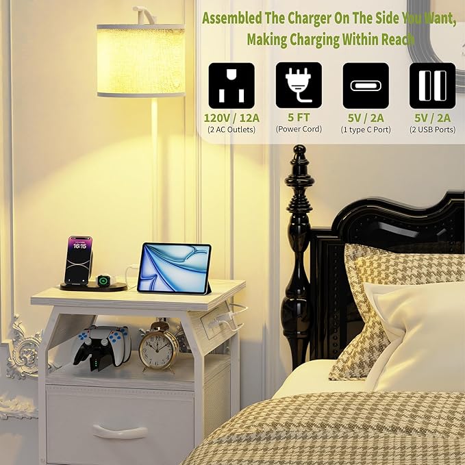 Floor Lamp with Table, End Tables with Lamps Attached 3-Color Temperature Bulb, Side Table with Lamp with 2 Drawers & Charging, Lamps Tables Combo for Bedroom, Dorm, Apartment - White