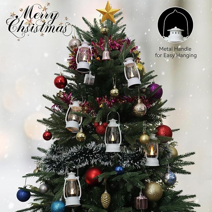 White Mini Lanterns Decorative 6-Pcs for Winter Christmas Wedding & Halloween, Small Elegant Lantern with LED Light for Western Cowboy, Camping Baby Shower Birthday Party, Centerpiece Table