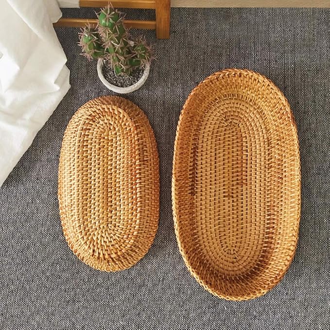i-lan Handwoven Bread Serving Basket Bowls, Wicker Oval Fruit Bowl, Serving Bread Basket Set, Food Storage Bowl for Bread, Snack, Vegetable, Natural Brown (S: 10")