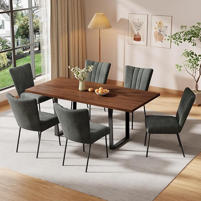 63''-79'' Retractable Modern Dining Table And Chair Combination, 6/8 People Family Dining Table Set, Industrial Style Wooden Table Top + Metal Table Legs, Soft-Pack Dining Chair, Suitable For Kitchen