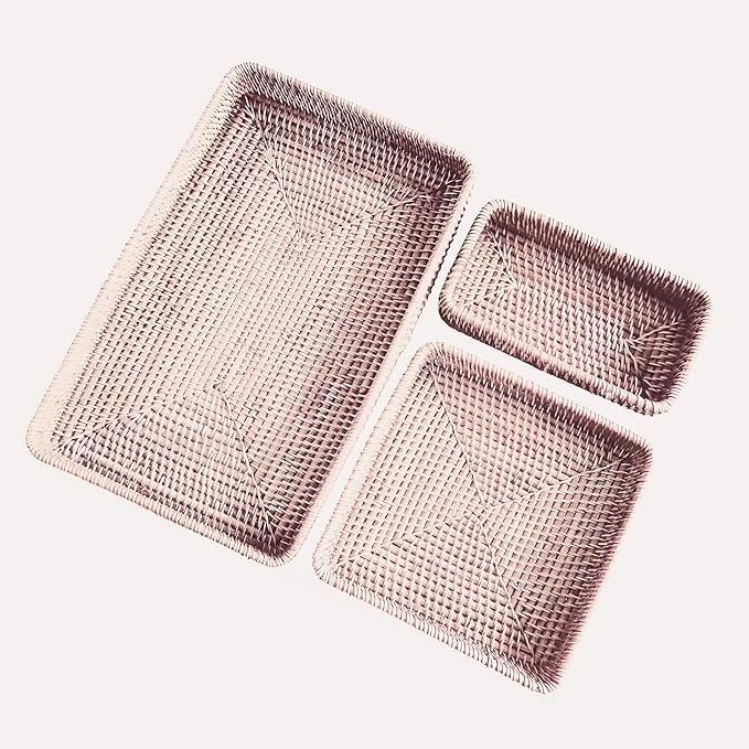 i-lan Set of 3 Handmade White Rattan Rectangle Serving Tray,Washed White Wicker Serving Organizer Tabletop Fruit Platter with 2”Wall,14 Inch Decorative Bread Drinks Snack Storage Serving Basket Tray