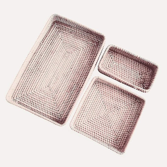 i-lan Set of 3 Handmade White Rattan Rectangle Serving Tray,Washed White Wicker Serving Organizer Tabletop Fruit Platter with 2”Wall,14 Inch Decorative Bread Drinks Snack Storage Serving Basket Tray