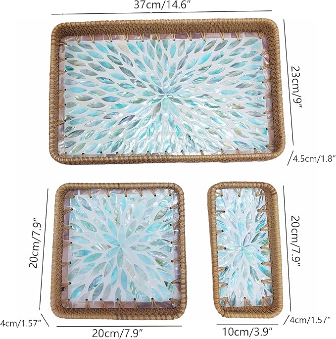 i-lan Set of 3 Rectangular Rattan and Mother of Pearl Serving Tray,Rectangule Natural Rattan Woven Trays,Natural Wicker Decorative Serving Baskets for Entryway Kitchen Bathroom Counter,Blue MOP Tray