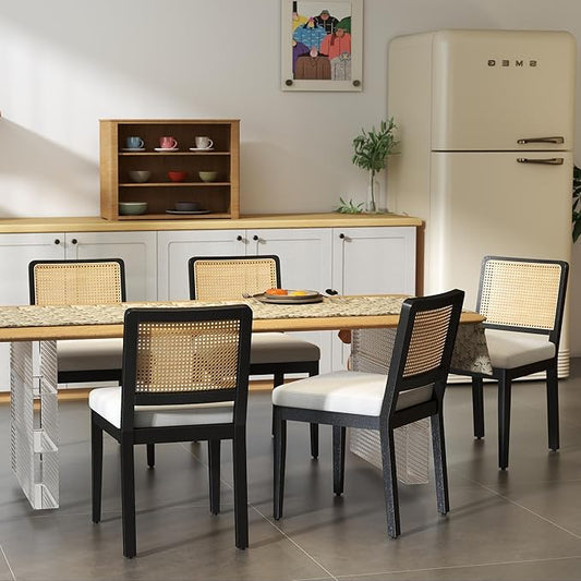 LukeAlon Farmhouse Rattan Dining Chairs Set of 4, Mid Century Modern Linen Kitchen & Dining Chairs with Solid Wood Legs, Woven Cane Upholstered Kitchen Chairs Side Chairs for Dining Room, Beige