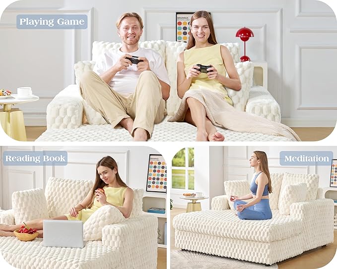 VanAcc 53 Inch Chaise Lounge Indoor, Upholstered Sofa Bed with Throw Pillows and Armrests, Sleeper Bed- Plush Lounge Chair for Living Room, White