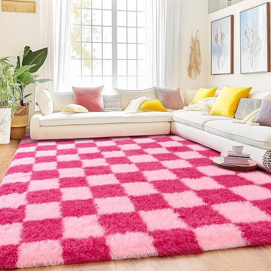 Checkered Rug for Living Room 8x10, Ultra Fluffy Fuzzy Shag Large Area Rug for Bedroom, Modern Plush Soft Upgrade Non-Slip Carpet for Kids and Girls Room Dorm Home Decor, Pink and Hot Pink