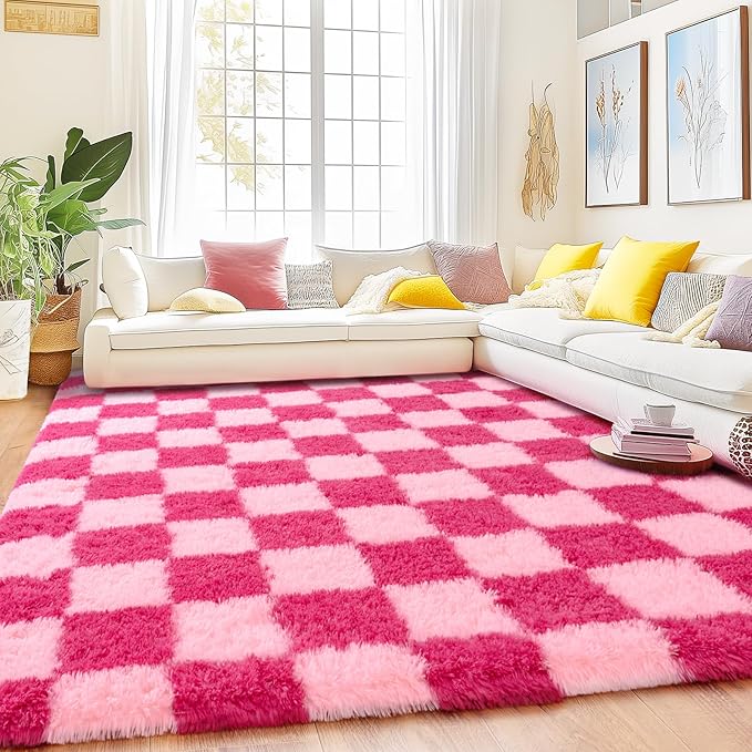 Checkered Rug for Living Room 6x9, Ultra Fluffy Fuzzy Shag Large Area Rug for Bedroom, Modern Plush Soft Upgrade Non-Slip Carpet for Kids and Girls Room Dorm Home Decor, Pink and Hot Pink