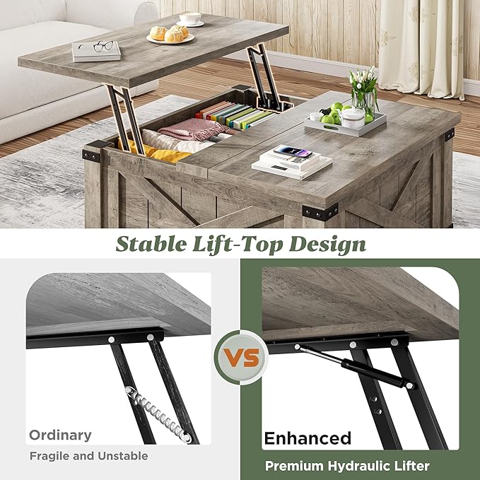 EnHomee Lift Top Coffee Table with Storage, 36" Farmhouse Coffee Tables for Living Room, Square Coffee Table with Large Hidden Space, for Living Room, Bedroom, Home Office, Oak Grey