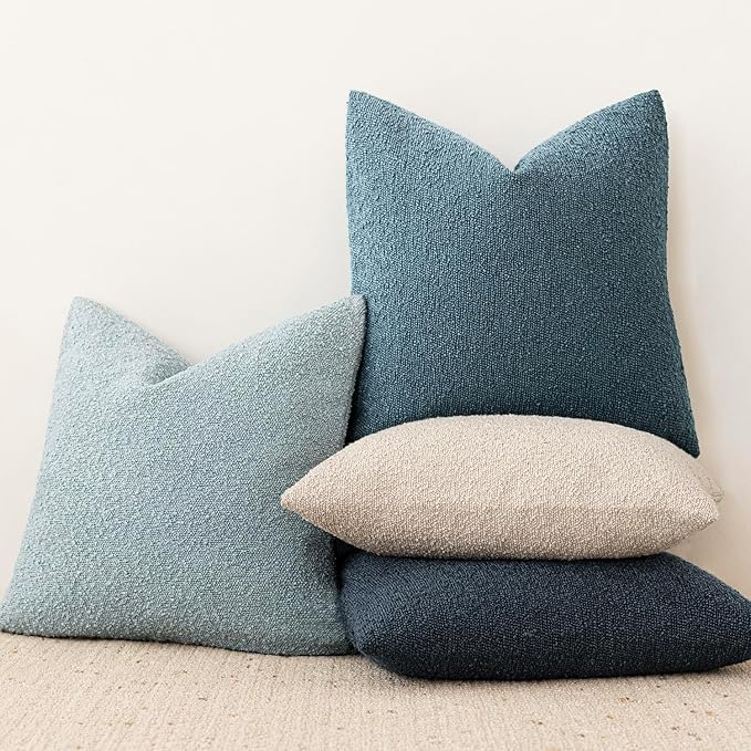 Foindtower Pack of 2, Decorative Textured Boucle Throw Pillow Covers Accent Solid Pillow Cases Cozy Soft Couch Cushion Case for Chair Sofa Bedroom Living Room Home Decor 22x22 Inch Misty Blue