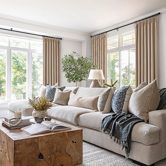 Topfinel Pinch Pleated Curtains 96 Inch Long, 100% Blackout Thermal Insulated Natural Linen Pinch Pleat Viral Drapes with Hooks Rings 2 Panel Sets, Neutral Birch Ivory 8FT Back Tab Window Curtains