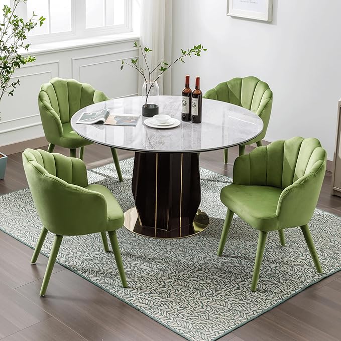 Modern Dining Room Chairs Set of 4 Chic Velvet Accent Chair Upholstered Side Chairs with Wood Legs for Home Kitchen/Living Room/Restaurant, Green