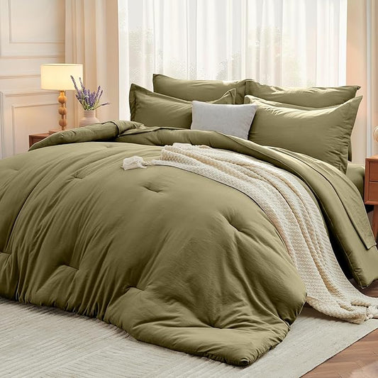 MUXHOMO 5 Pieces Twin XL Comforter Set, Soft Bed in a Bag Twin XL Size, All Season Bedding Set with Comforter, Flat Sheet, Fitted Sheet, Pillowcases & Shams, Olive Green