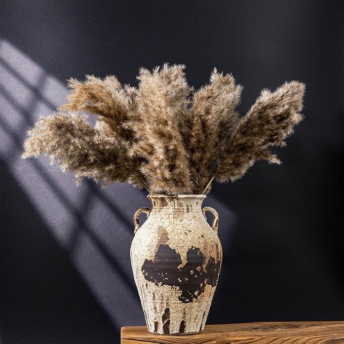 Pottery Vase - Vintage Rustic vase, 10" White Farmhouse Weathered Terracotta Vases, Handmade Clay Vase with Two Handles, Tall Textured Antique vases for Home Decor, Entryway, Fireplace Mantel Deco