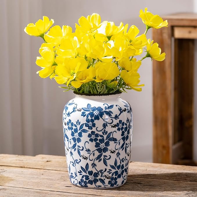 Blue and White Vintage Vase, Ceramic Chinoiserie Floral Vases, Retro Ice Cracked Round Farmhouse Rustic Large Flower Vases for Home Decor Centerpieces, Living Room, Bookshelf, Office 7.8 Inch