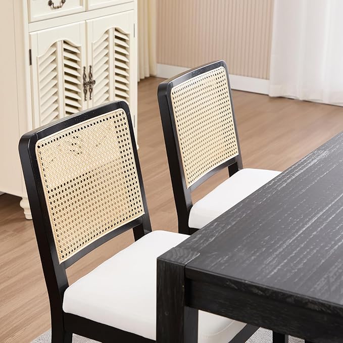 LukeAlon Farmhouse Rattan Dining Chairs Set of 6, Mid Century Modern Linen Kitchen & Dining Chairs with Solid Wood Legs, Woven Cane Upholstered Kitchen Chairs Side Chairs for Dining Room, Beige