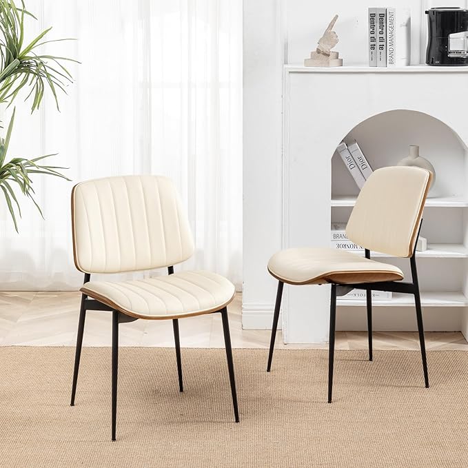 LUNLING Dining Chairs Set of 4 Mid Century Modern Retro Faux Leather Chairs with Walnut Bentwood Upholstered Seat Metal Legs Chair,Adjustable Foot for Kitchen Dining Room Chairs(Beige)