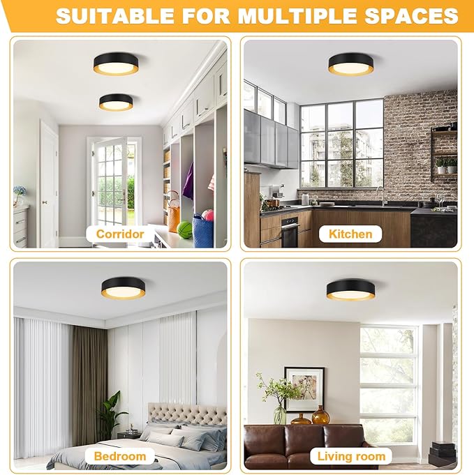 Modern Flush Mount Ceiling Lights,Minimalist 16.5IN Round Close to Ceiling Light Fixtures,Black and Gold Metal Ceiling Lighting Lamp for Living Room,Dining Room,Bedroom,Kitchen
