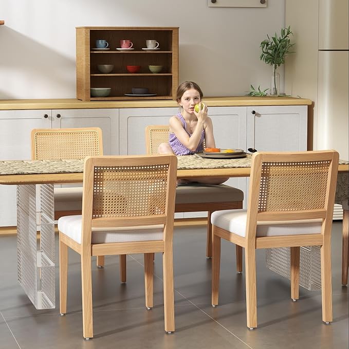 LukeAlon Farmhouse Rattan Dining Chairs Set of 4, Mid Century Modern Chenille Kitchen & Dining Chairs with Solid Wood Legs, Woven Cane Upholstered Kitchen Chairs Side Chairs for Dining Room, White